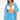 Woman wearing a blue cover-up with white trim over a white bikini top and blue shorts on a white background