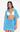 Woman wearing a blue cover-up with white trim over a white bikini top and blue shorts on a white background
