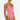 Woman wearing a red and white striped swimsuit on a white background