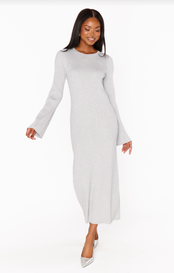 SHOW ME YOUR MUMU CITY DRESS IN SILVER SHIMMER KNIT