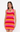 Woman wearing a colorful striped dress on a white background