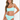 Woman wearing a light blue bikini set on a white background