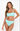 Woman wearing a light blue bikini set on a white background