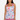 Woman wearing a sleeveless dress with a graphic pattern on a white background