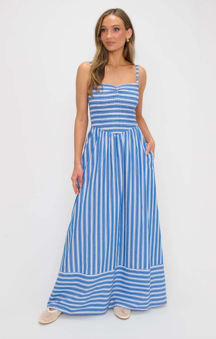 SHOW ME YOUR MUMU DIXIE MAXI DRESS IN COASTAL BLUE STRIPE