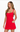 Woman wearing a red dress on a white background