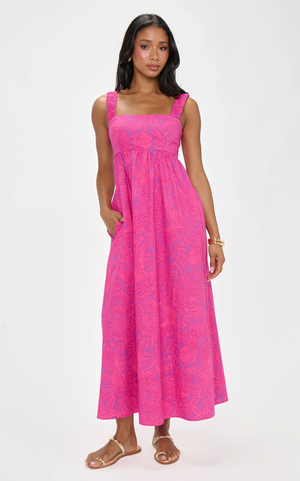 SHOW ME YOUR MUMU FLING MIDI DRESS IN PINK SHELLS POPLIN