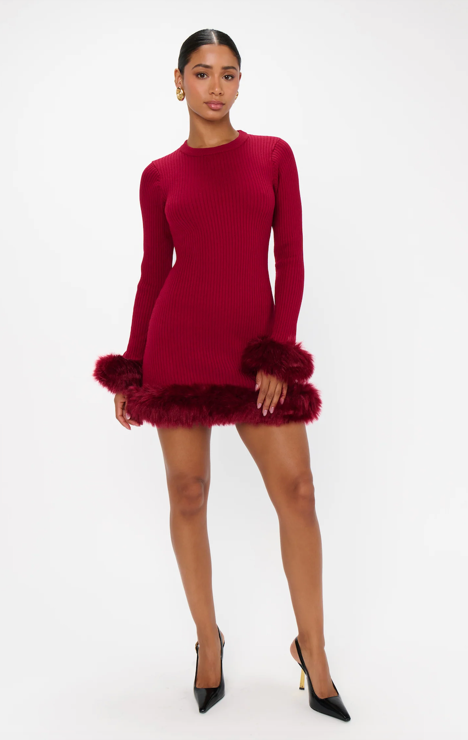 fran mini dress SHOW ME YOUR MUMU FRAN MINI DRESS IN CRANBERRY RIB WITH FAUX FUR