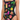 Black swimsuit with colorful tropical-themed embellishments on a white background