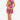 Woman wearing a colorful floral dress on a white background