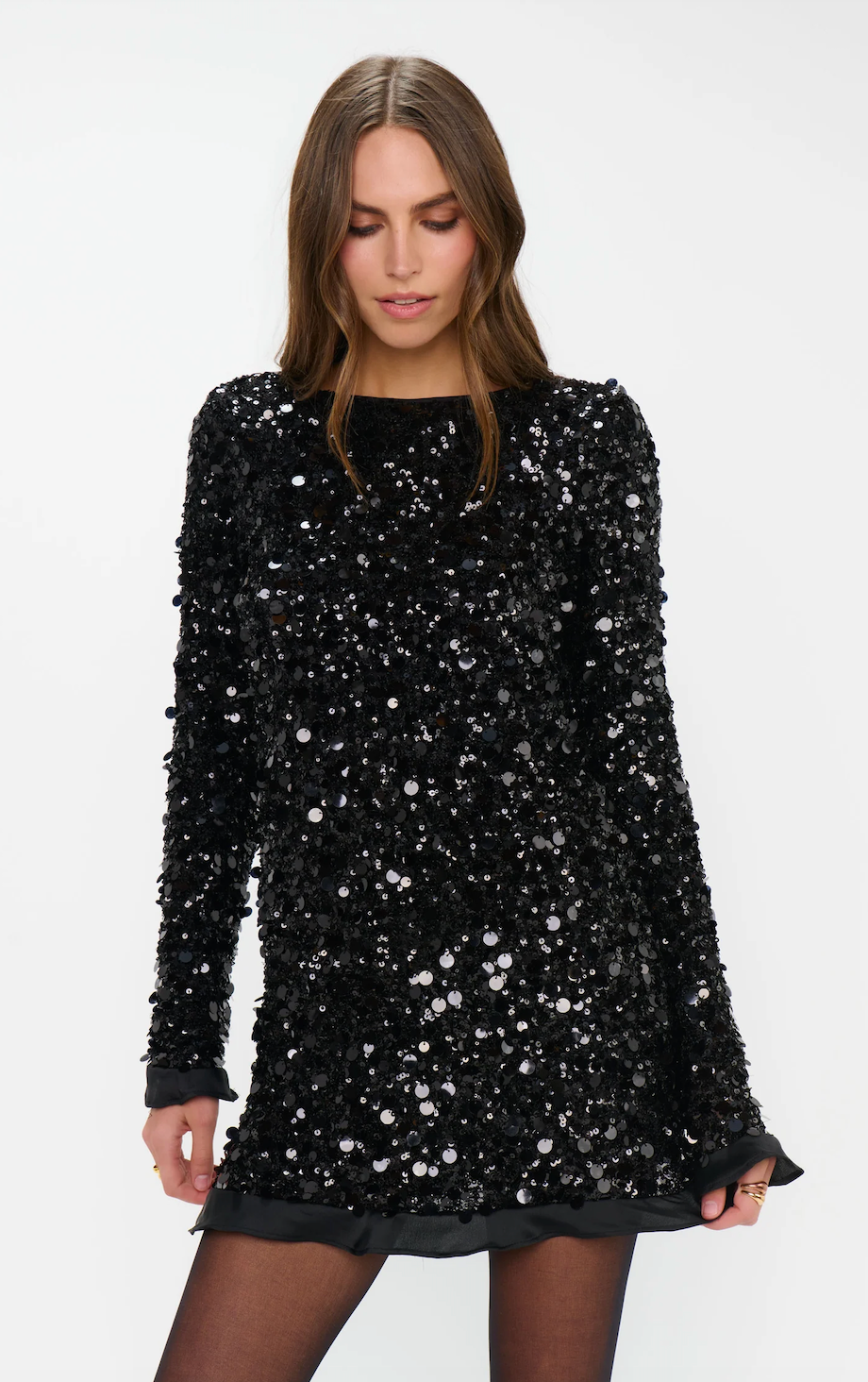 Maddison Ruffle Dress, in Black Metallic Sequins