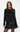 Woman black sequin long sleeve mini dress with satin ruffle hem.