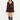 A model wearing a dark brown long-sleeve mini dress with ruffle details and matching brown knee-high boots, standing against a plain white studio background.