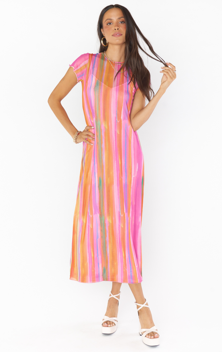 SHOW ME YOUR MUMU MOLLY MIDI DRESS IN SUNRISE STRIPE MESH