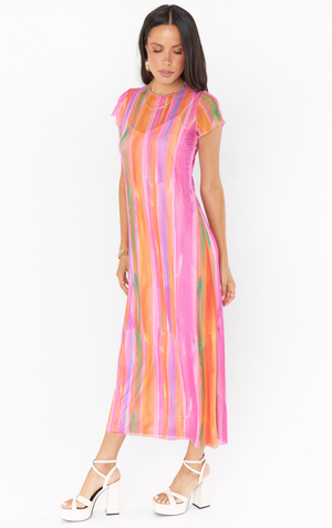 SHOW ME YOUR MUMU MOLLY MIDI DRESS IN SUNRISE STRIPE MESH