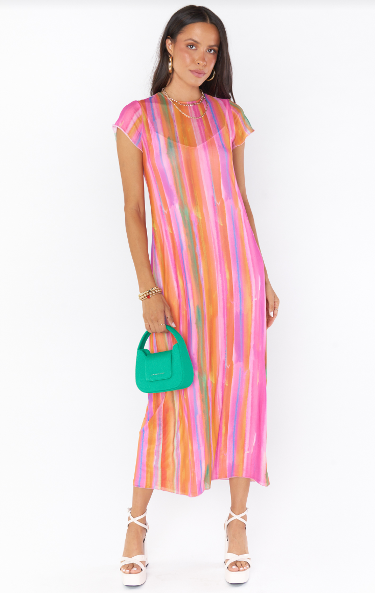SHOW ME YOUR MUMU MOLLY MIDI DRESS IN SUNRISE STRIPE MESH