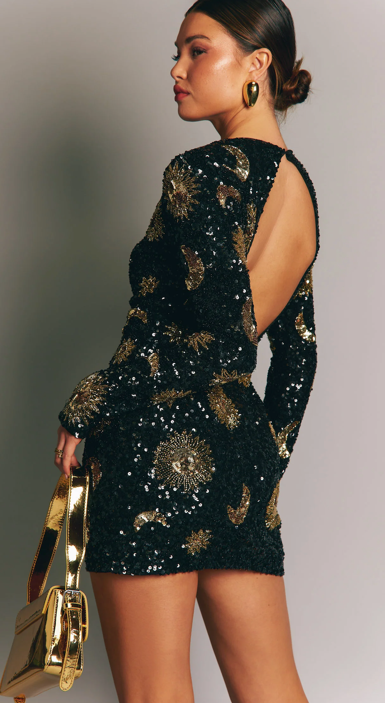 SHOW ME YOUR MUMU MYTH MINI DRESS IN CELESTIAL SEQUINS BLACK