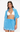 Woman wearing a blue cover-up with white trim over a white bikini top and blue shorts on a white background