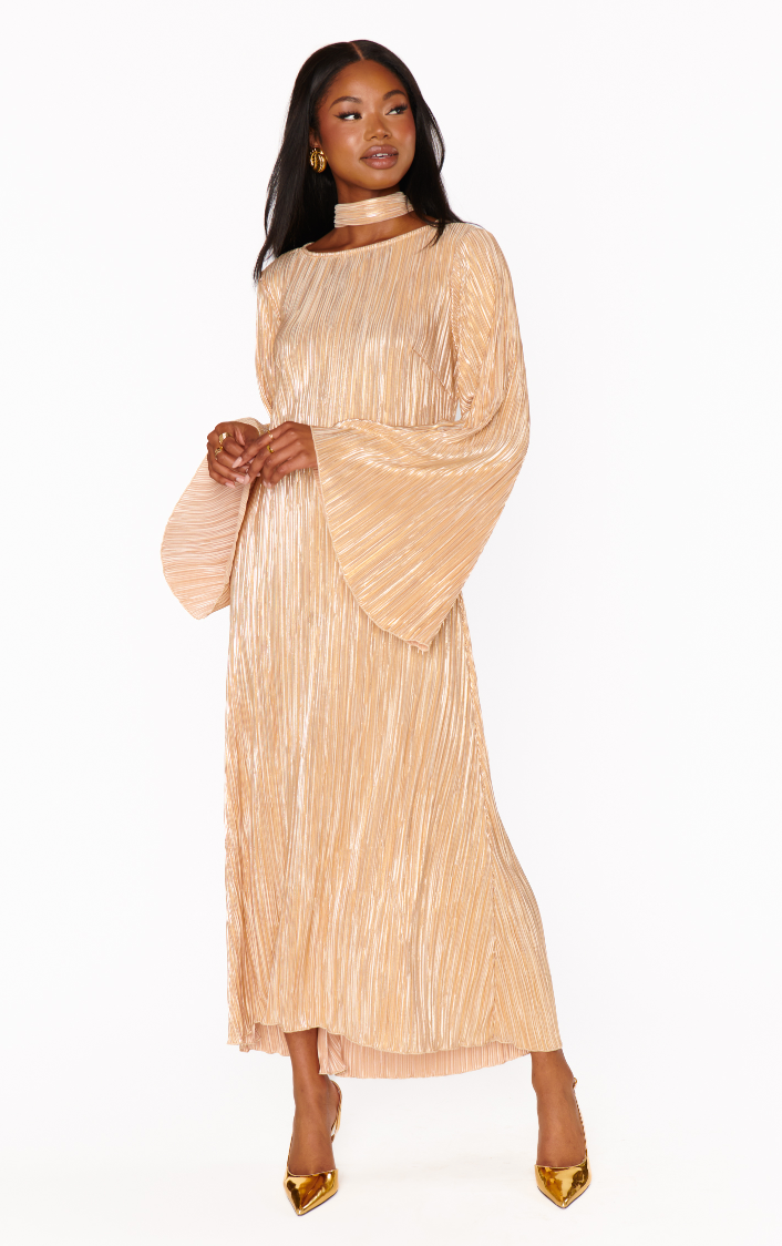 Gold pleated midi dress best sale