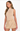 A woman modeling a sleeveless beige knit top and matching beige mini skirt against a plain white studio background.
