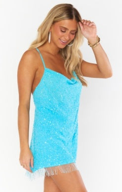 SHOW ME YOUR MUMU SUZANNA MINI DRESS IN HIGHLIGHTER BLUE SEQUINS