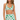 Woman wearing a green and white patterned bikini set on a white background