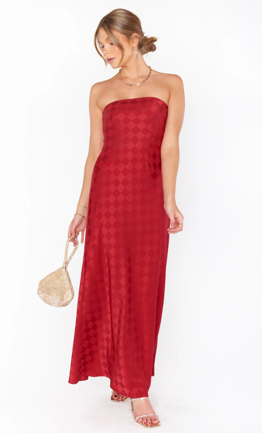 SHOW ME YOUR MUMU TAYLOR TUBE DRESS IN RED CHECKERBOARD SATIN