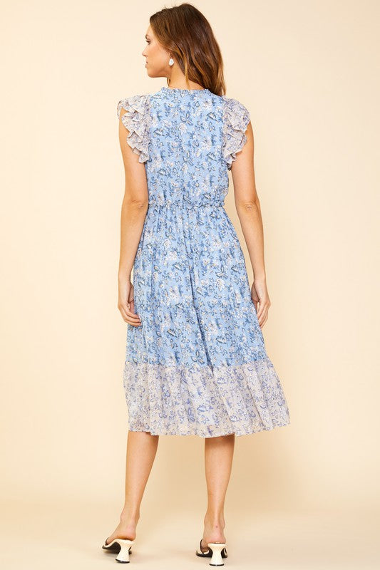 SIENNA TIERED FLORAL DRESS IN DUSTY BLUE CREAM