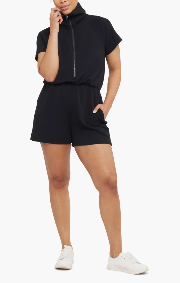 SPANX AIRESSENTIALS HALF ZIP ROMPER IN VERY BLACK