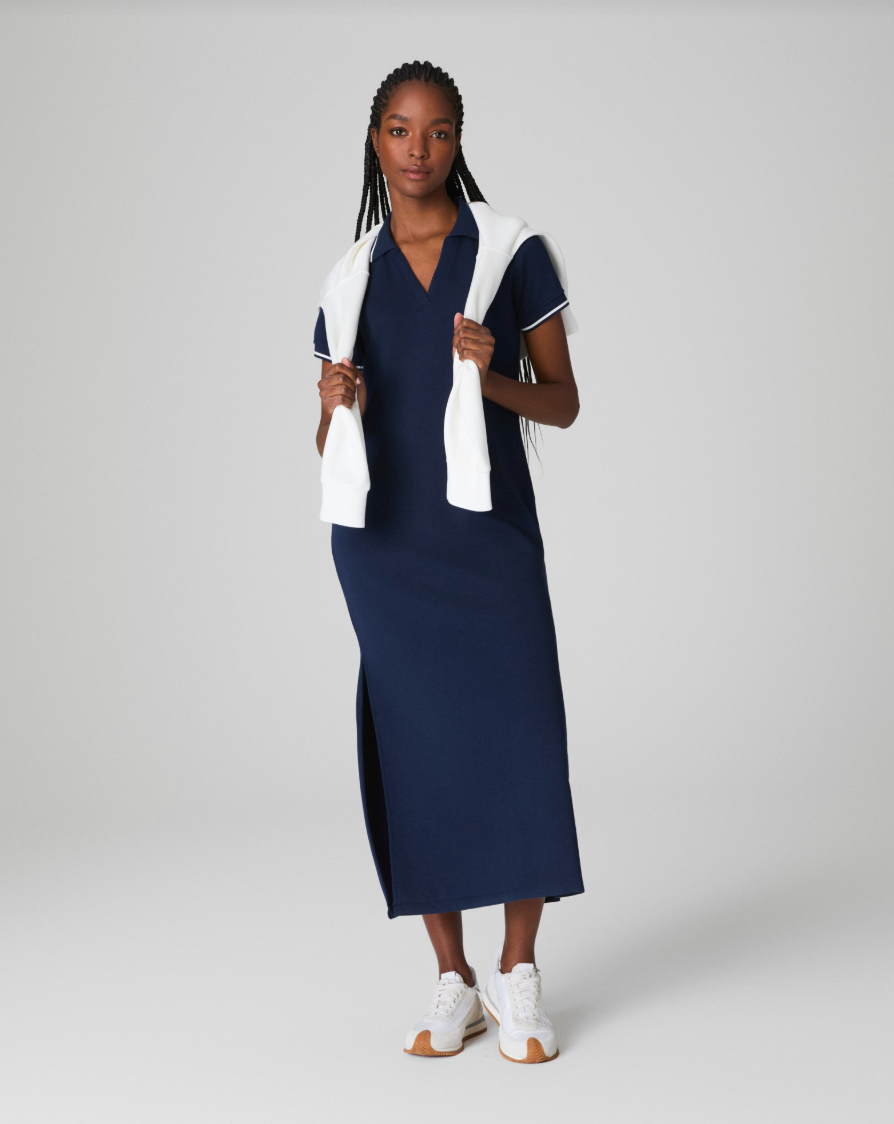 SPANX AIRESSENTIALS PIQUE POLO MIDI DRESS IN TIMELESS NAVY