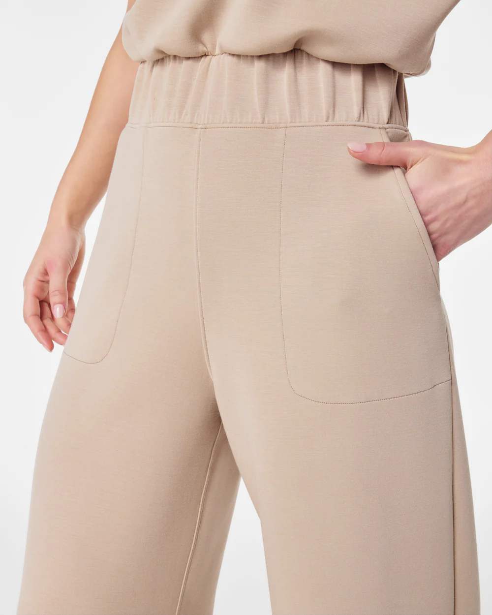 SPANX AIRE CROPPED WIDE LEG JUMPSUIT IN TAHINI