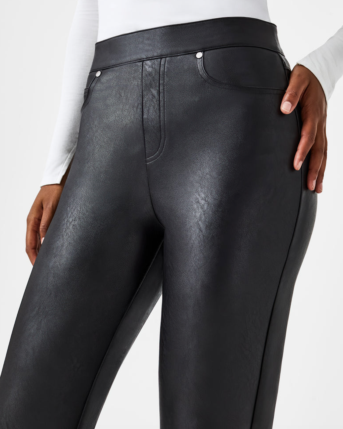 SPANX LEATHER LIKE SLIM STRAIGHT PANT IN LUXE BLACK