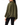 A woman wearing a loose, draped olive green satin blouse with a subtle jacquard pattern, paired with black pants, shown from a side-back angle against a white background.