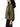 A woman shown in side profile wearing an olive green satin-like blouse with a high gathered neckline and long voluminous sleeves, paired with black pants, against a plain white studio background.
