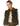 A model wearing a cropped, olive green faux fur vest over a light beige top and olive green trousers, photographed against a solid white background.