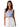 Woman wearing a blue checkered crop top and white skirt with blue details on a white background