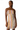 Woman wearing a strapless dress with a colorful zigzag pattern on a white background