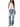 Woman wearing a white peplum top and ripped blue jeans on a white background