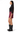 A model shown in profile wearing a black mock-neck long-sleeve top, a short burgundy faux-leather mini skirt, and black leather boots with buckle details, set against a plain white studio background.