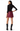 A model shown from the back wearing a black long-sleeve mock neck top, a dark red faux-leather mini skirt, and black platform combat boots, set against a plain white background.
