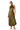 A model wears a high-neck, olive green satin halter midi dress with a decorative embroidered diamond-shaped bodice panel, paired with beige high-heeled sandals against a plain white background.