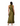 A woman viewed from the back wearing a sleeveless olive green satin halter dress with a large bow at the back neckline, paired with nude high heels, against a plain white studio background.