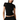 A model wearing a black asymmetrical draped top with sheer mesh shoulder panels and a ruched bodice, paired with a black skirt against a plain white background.