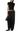 A model wearing a black short-sleeve crop top with sheer shoulder panels, black wide-leg pants, and black flats, holding a small black handbag against a plain white background.