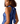 A woman wearing a royal blue satin halter dress with a large bow detail at the back of the neck, shown from a three-quarter back view against a plain white background.