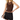 A model wearing a brown ruched sleeveless top with a sheer mesh neckline and a black lace-trim mini skirt, holding a small black handbag against a plain white background.