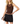 A model wearing a brown ruched sleeveless top with a sheer mesh neckline and a black lace-trim mini skirt, holding a small black handbag against a plain white background.