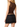 A woman shown from the back wearing a brown sleeveless ruched top and a black lace-trim mini skirt against a plain white background.