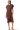 A woman modeling a brown short-sleeve midi shirt dress with lace trim and a self-tie waist, photographed against a plain white studio background.