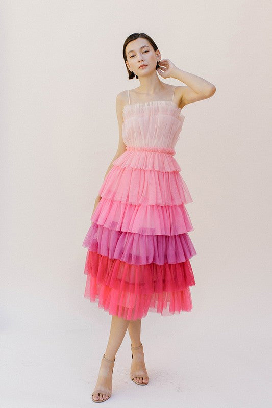 ELLA TIERED MIDI DRESS IN PINK